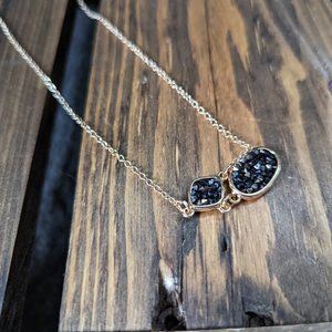 AVON Raw Cut Faux Black Diamond Druzy Drusy Gold Tone Double Pendant Necklace